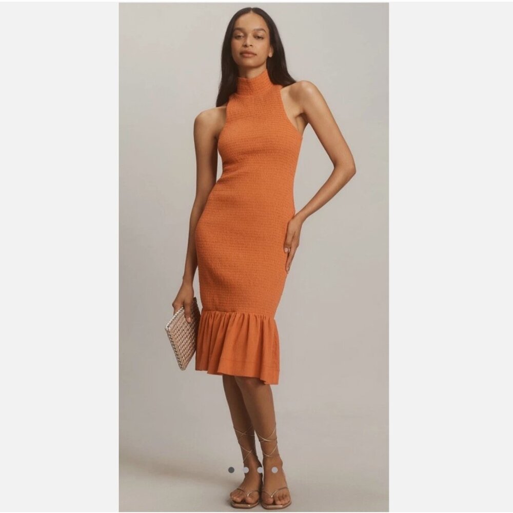 NWT Anthropologie Sleeveless Mock-Neck Textured Midi Dress Orange Red Women's M - Picture 3 of 16